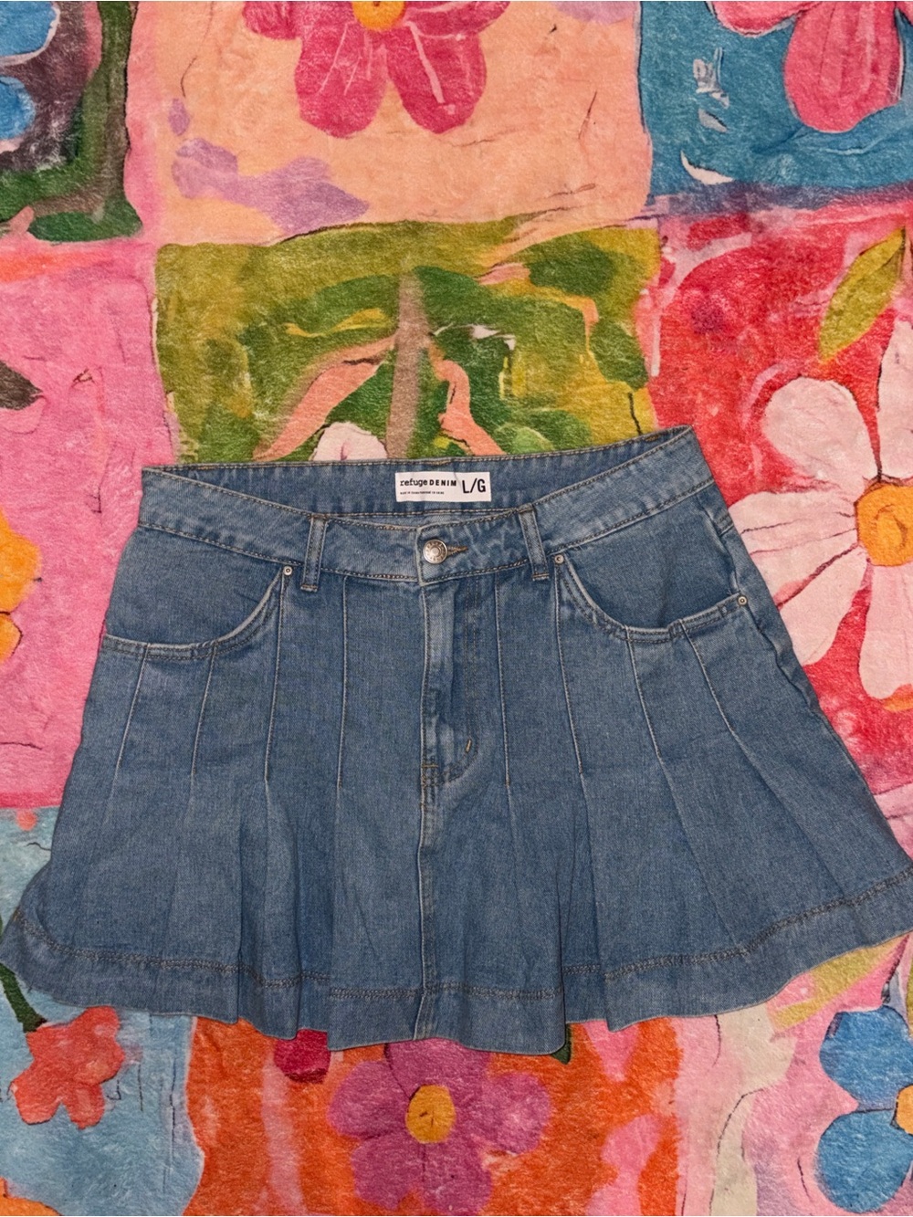 Blue Pleated Denim Mini Skirt - L/G
